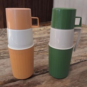 Vintage Thermos Green and Tan Stackable Mugs Set Of 2 Made In Canada
